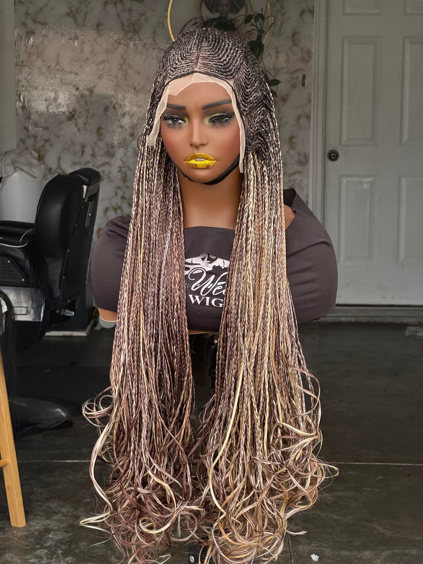 Dija - 28" Custom Cornrow French Curl Human Hair Lace Wig: Made to Order
