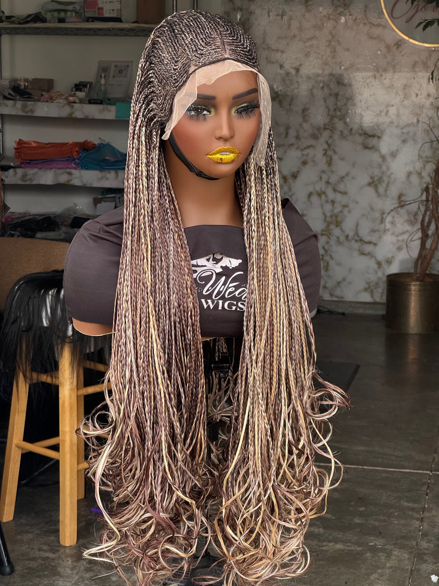 Dija - 28" Custom Cornrow French Curl Human Hair Lace Wig: Made to Order