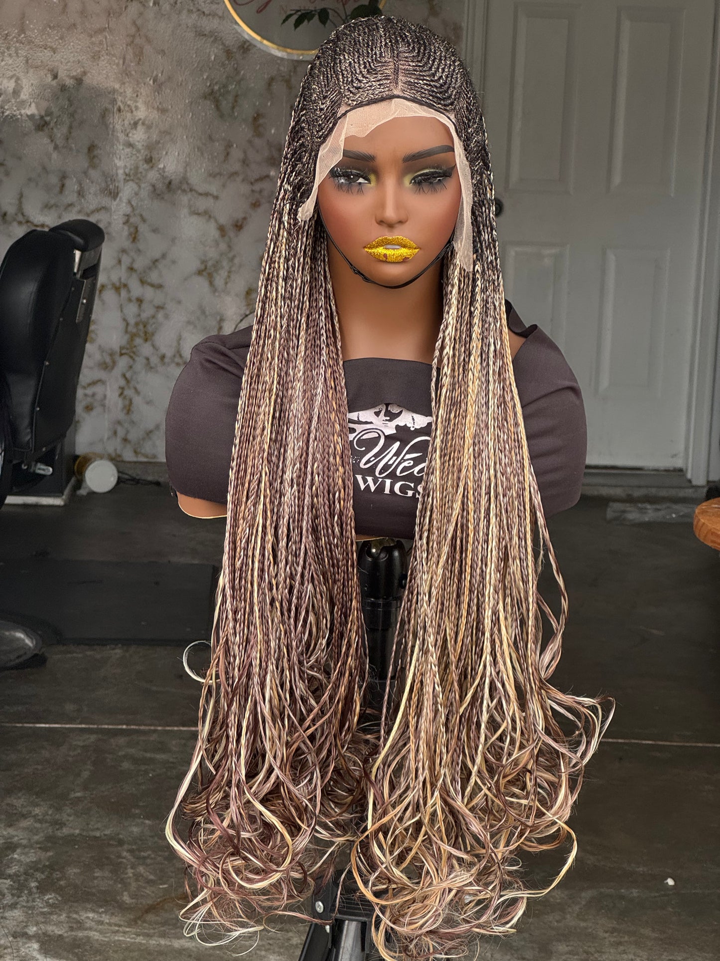 Dija - 28" Custom Cornrow French Curl Human Hair Lace Wig: Made to Order