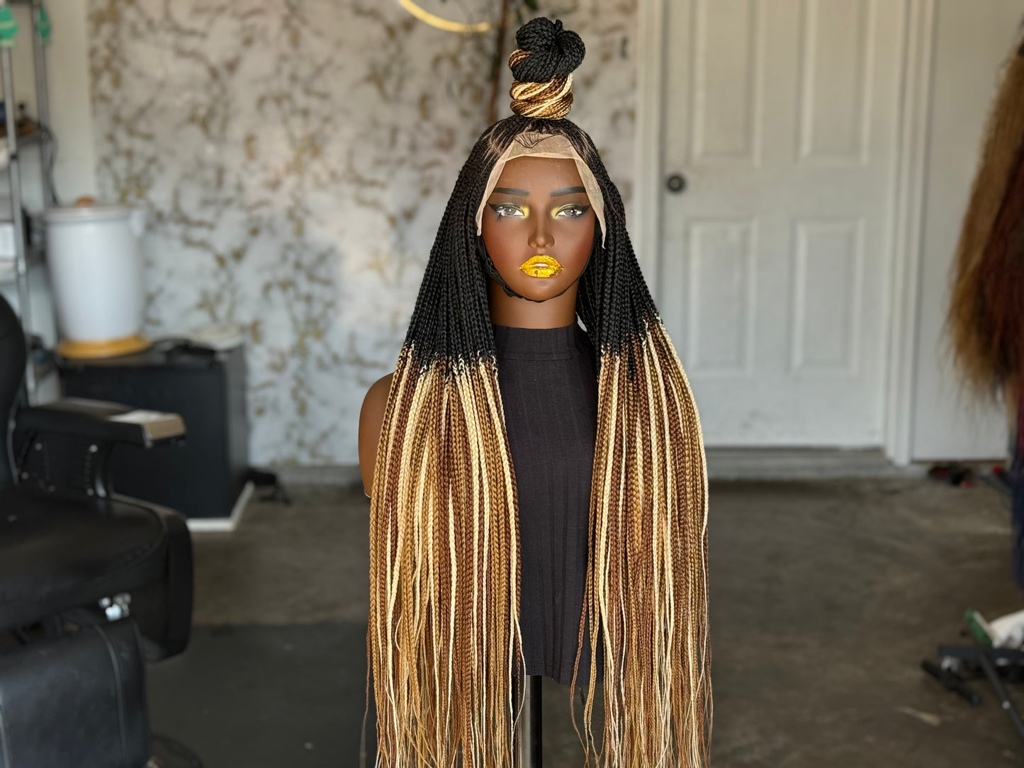 Ewa Unit: 28-Inch Highlighted Frontal Wig | Human Hair Braided Top Ponytail