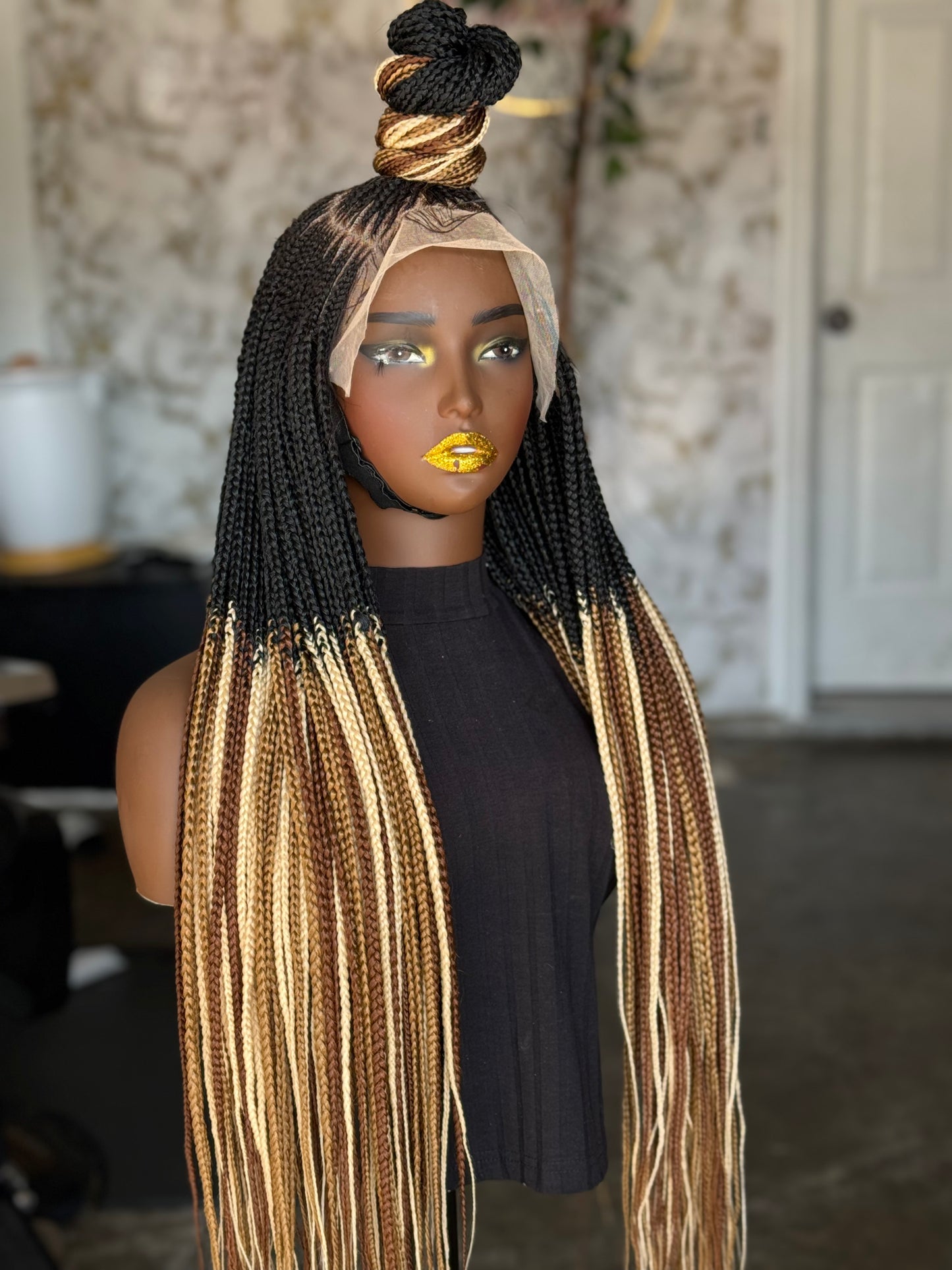 Ewa Unit: 28-Inch Highlighted Frontal Wig | Human Hair Braided Top Ponytail