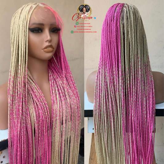 45-Inch Full Lace Knotless Braided Wig Blonde and Hot Pink Ombre