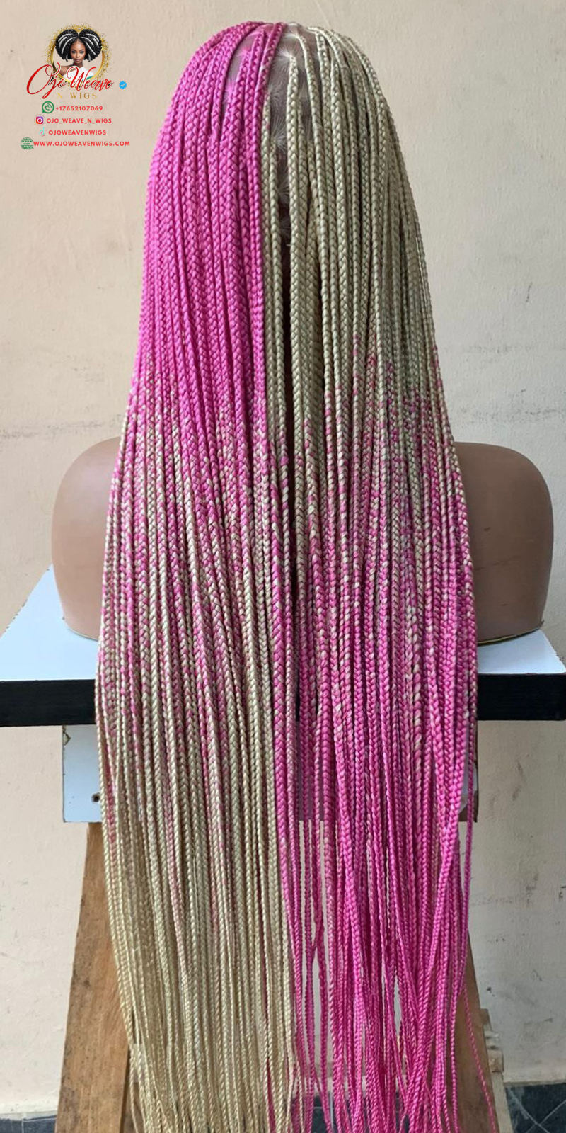 45-Inch Full Lace Knotless Braided Wig Blonde and Hot Pink Ombre