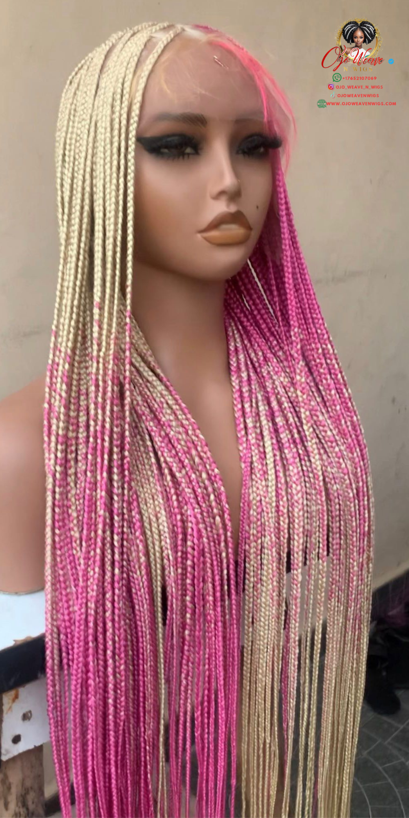 45-Inch Full Lace Knotless Braided Wig Blonde and Hot Pink Ombre