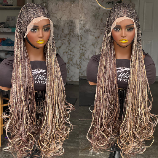 Dija - 28" Custom Cornrow French Curl Human Hair Lace Wig: Made to Order