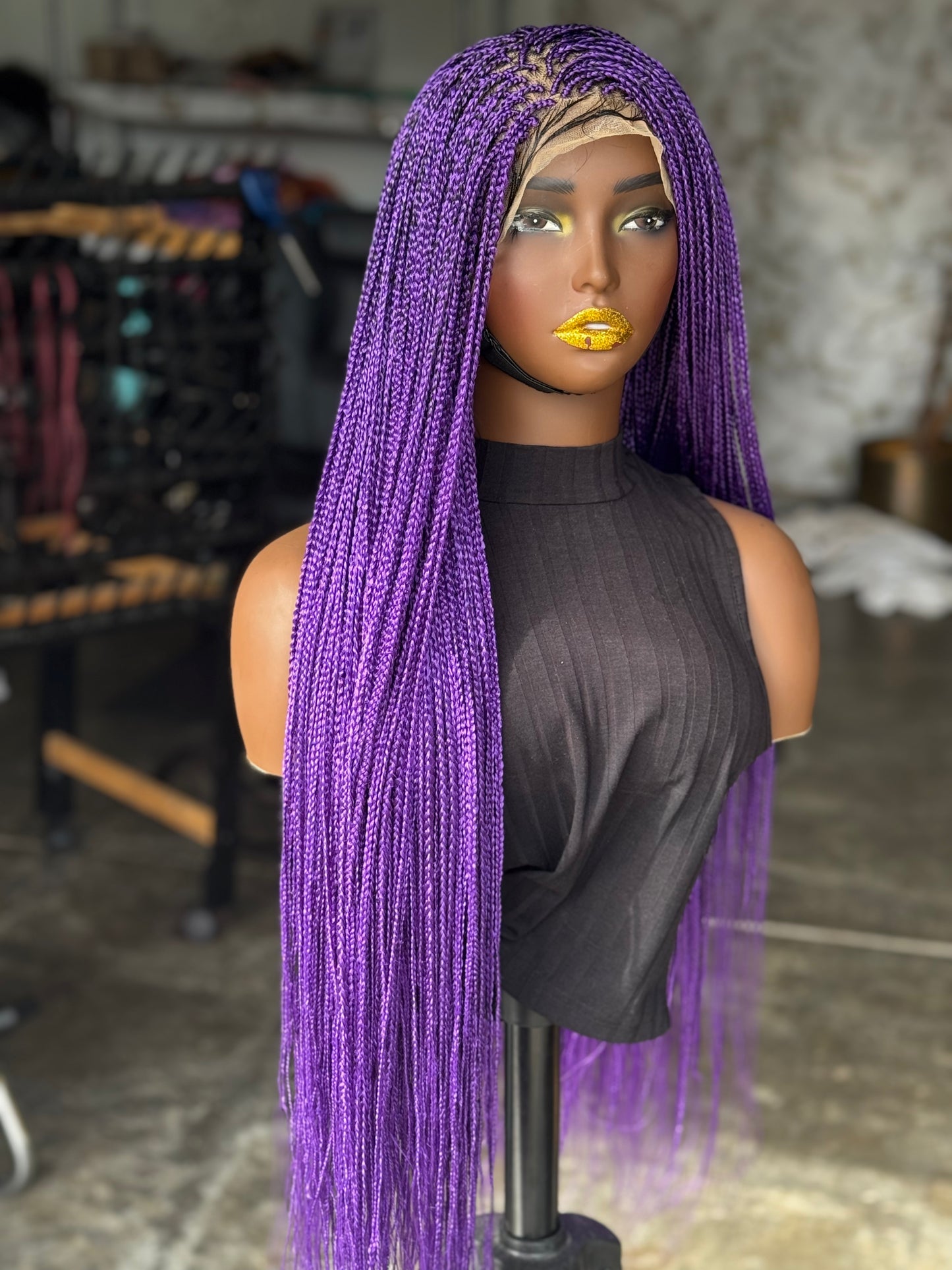 35 Inch Micro Braid Frontal Wig | Bold Purple Color made to order