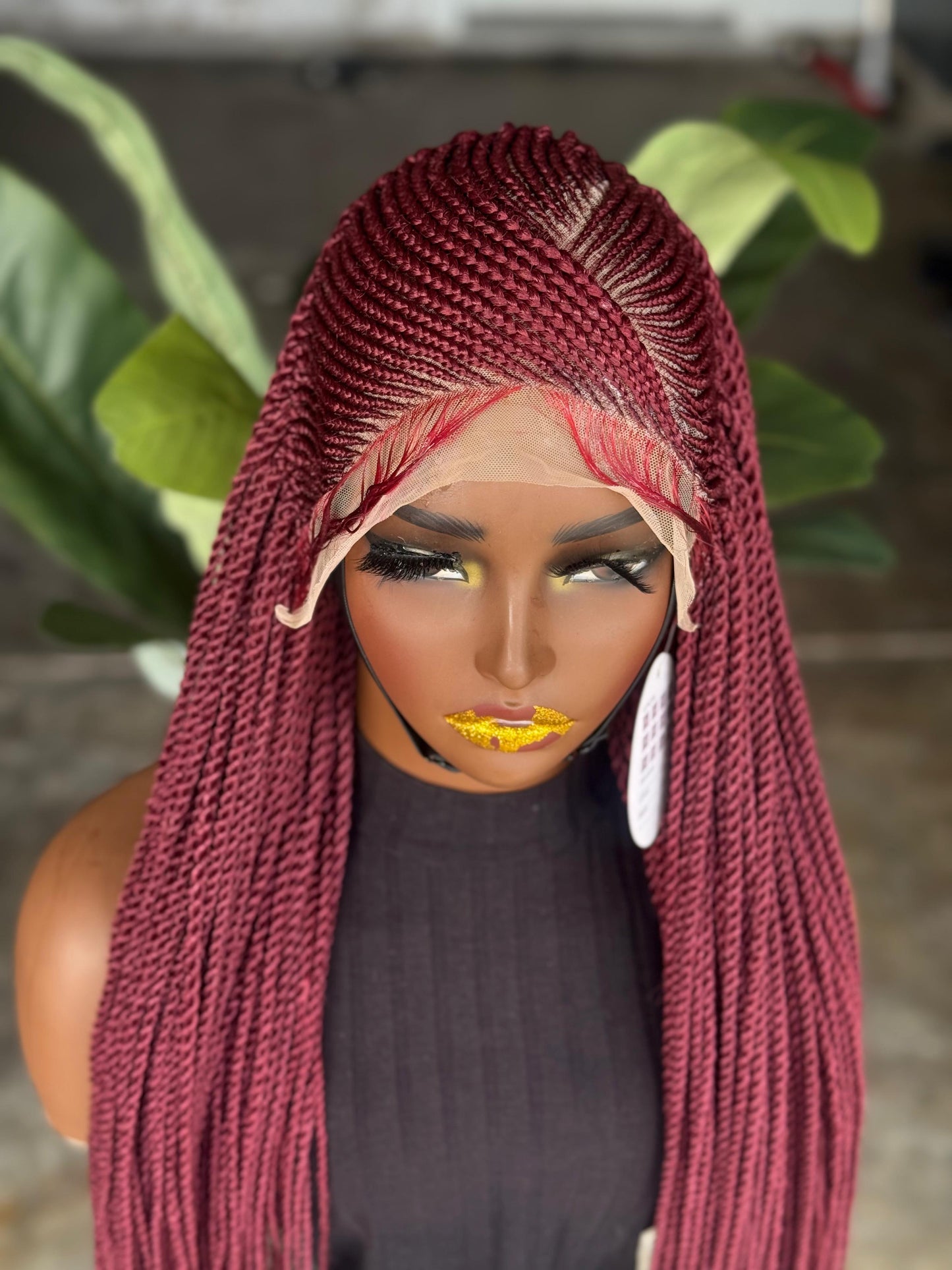 Made to Order: 26" Burgundy Frontal Braided Wig | Crimson Twist Cornrow Unit