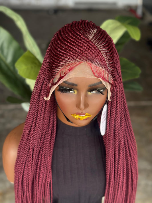Made to Order: 26" Burgundy Frontal Braided Wig | Crimson Twist Cornrow Unit