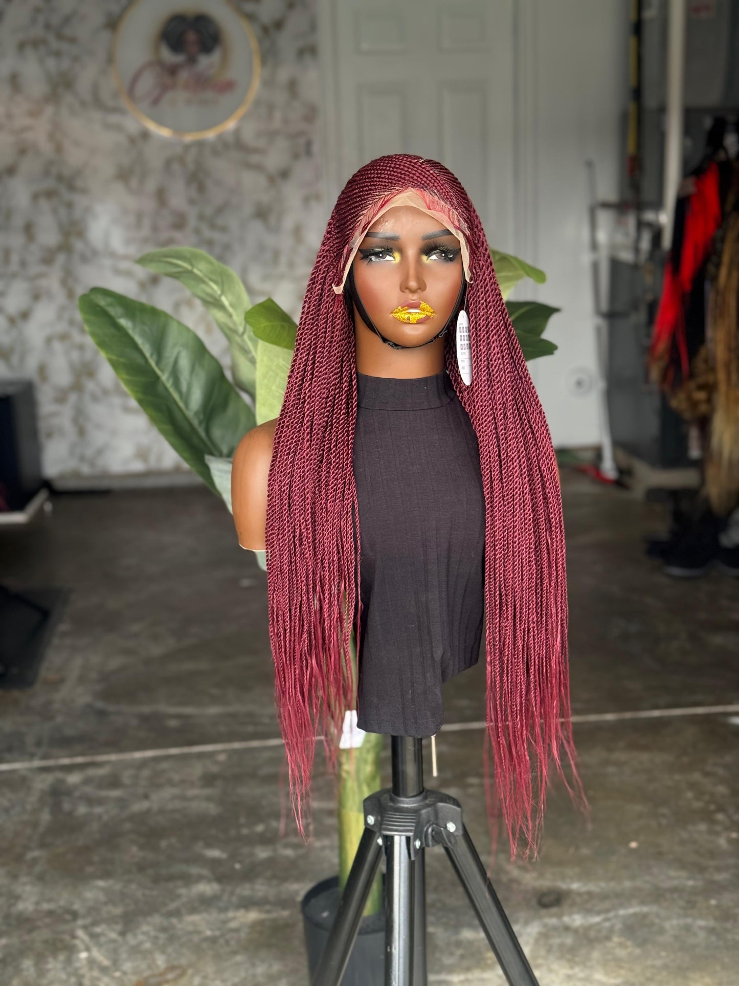 Made to Order: 26" Burgundy Frontal Braided Wig | Crimson Twist Cornrow Unit