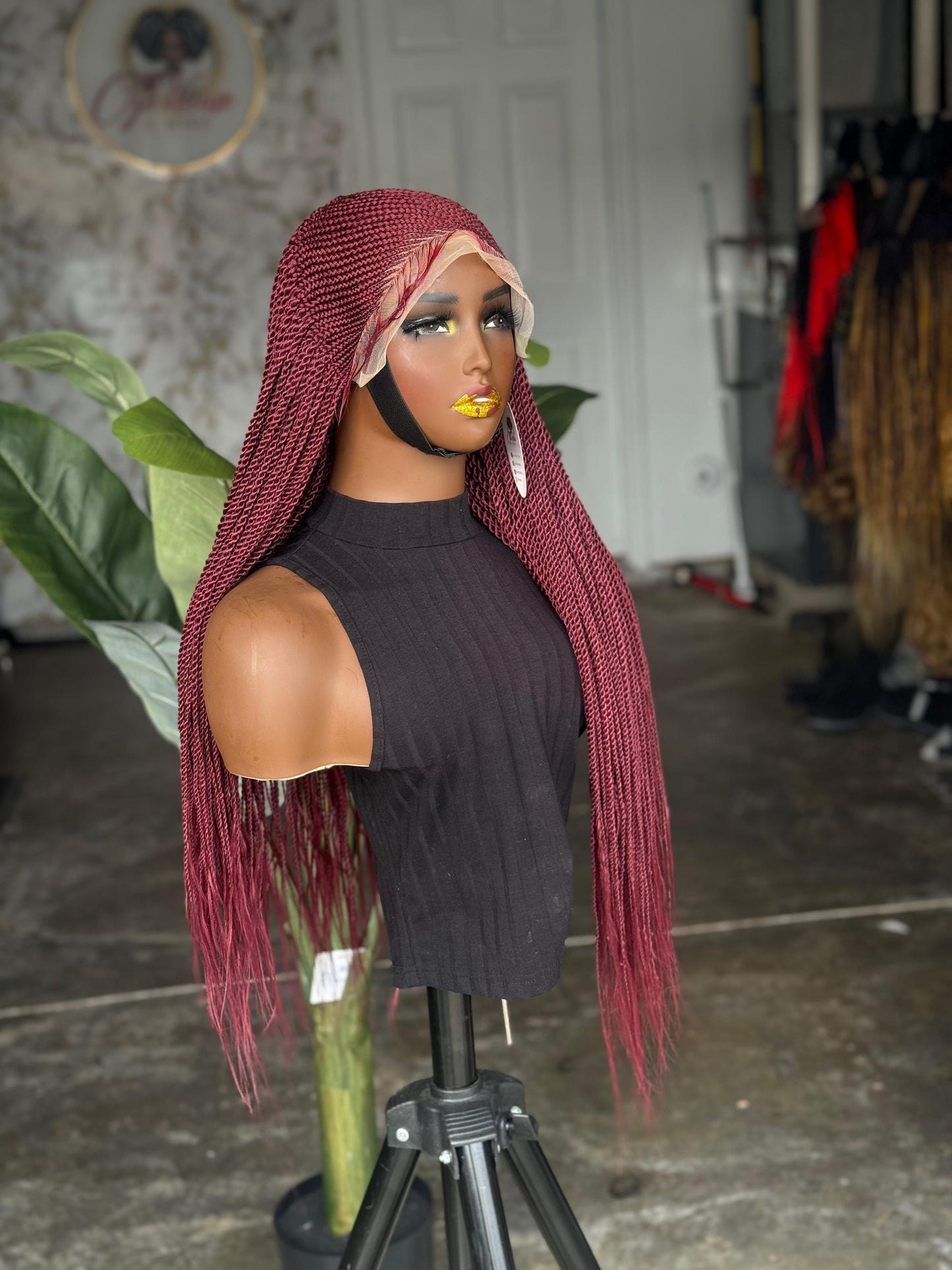 Made to Order: 26" Burgundy Frontal Braided Wig | Crimson Twist Cornrow Unit