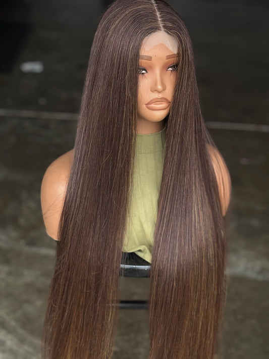 Ready to Ship 30" Bone Straight Glueless Closure Wig | Hair Blend (Brown Mix)