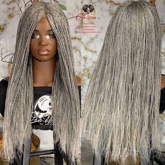 Salt & Pepper Micro Braids Wig | Ready to Ship 22-Inch Glueless Closure
